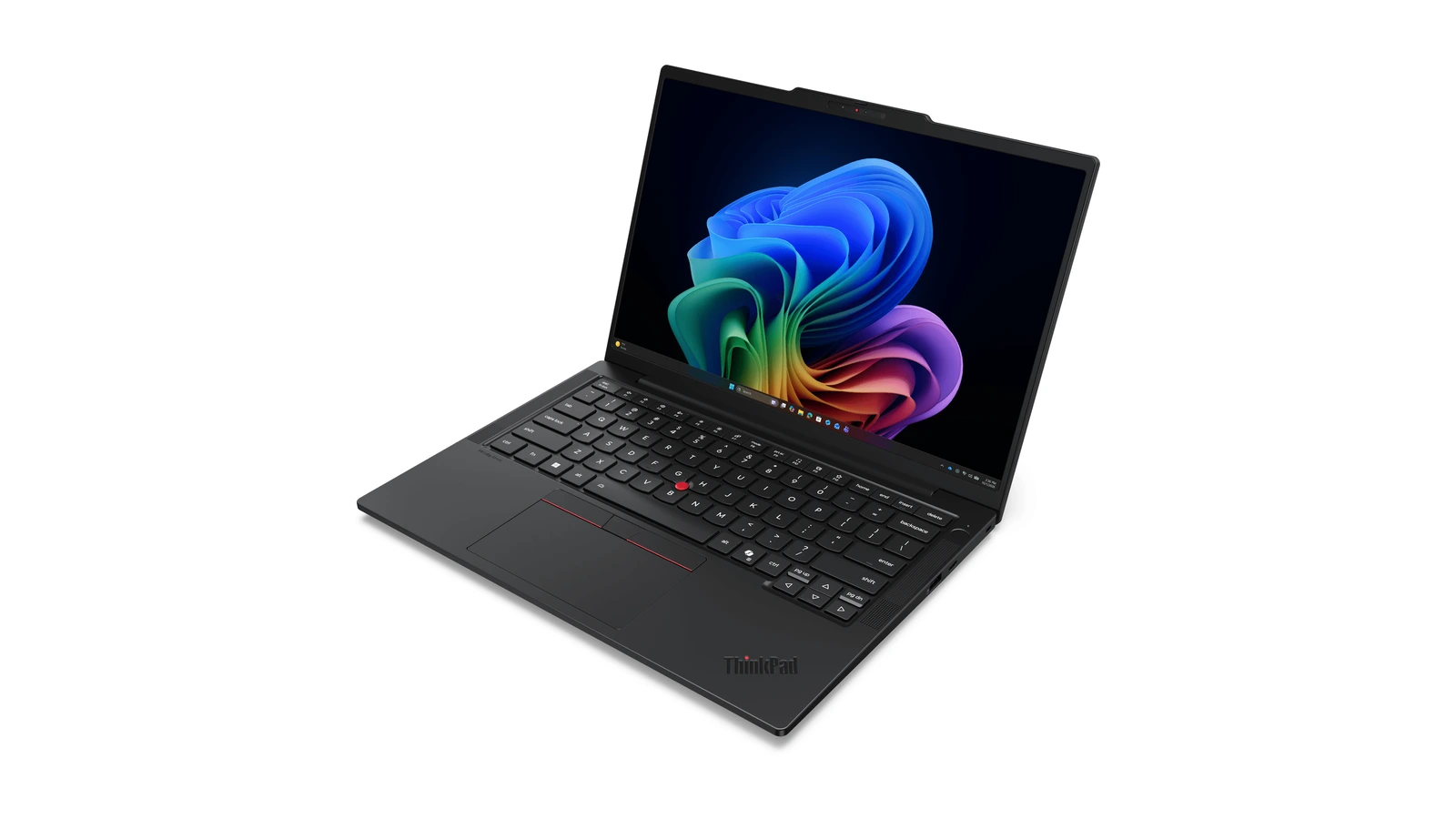 A black ThinkPad T14s Gen 7 laptop open at an angle on a plain white background, a colorful abstract wallpaper on its screen and a red TrackPoint in the keyboard.