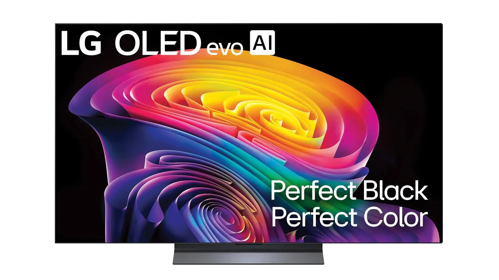 An LG OLED evo TV on its stand, its screen showing swirling folds of pink, orange, yellow and purple on a black background.