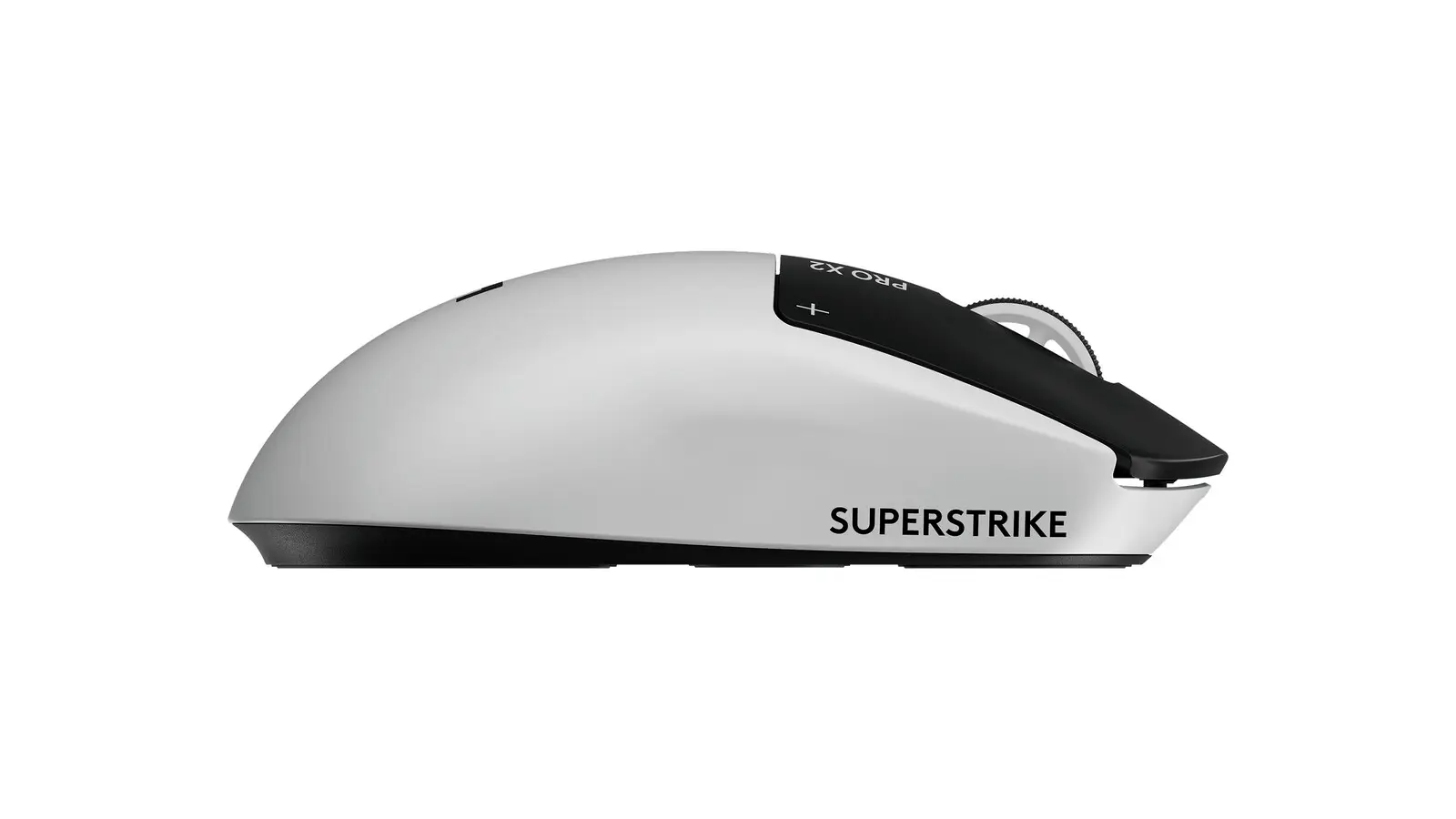 A white Logitech PRO X2 SUPERSTRIKE wireless gaming mouse seen from the side, with SUPERSTRIKE printed on its flank, against a white background.