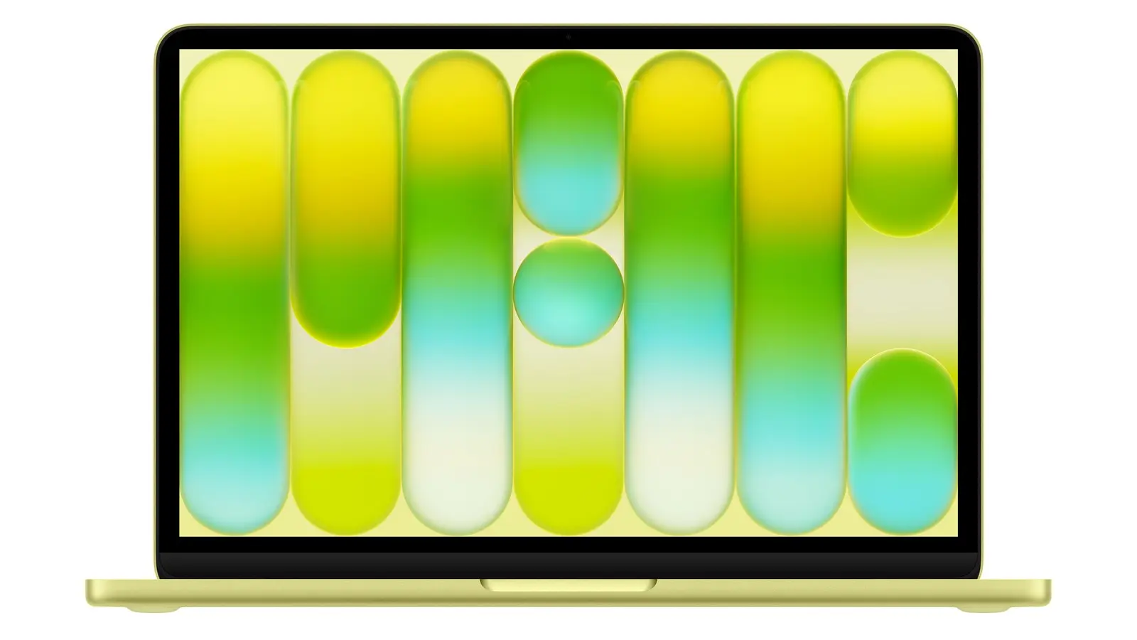 A yellow MacBook Neo seen from the front with a green and yellow wallpaper on its screen, on a white background.