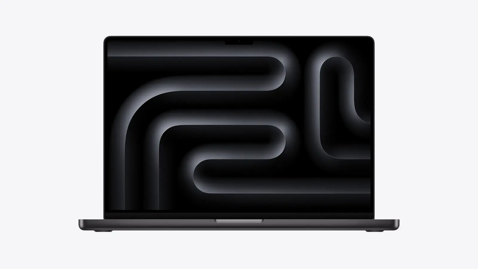A Space Black 16-inch MacBook Pro seen straight on, open, with a dark abstract wallpaper on its screen.