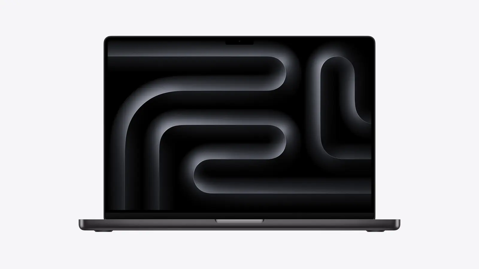 A Space Black 16-inch MacBook Pro seen straight on, open, with a dark abstract wallpaper on its screen.