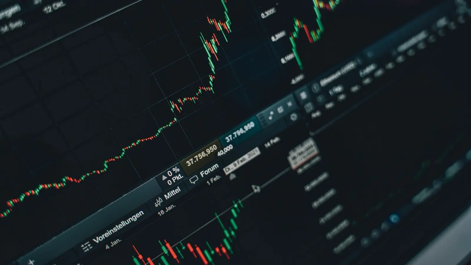 A close-up of a dark trading screen showing green and red candlestick price charts.