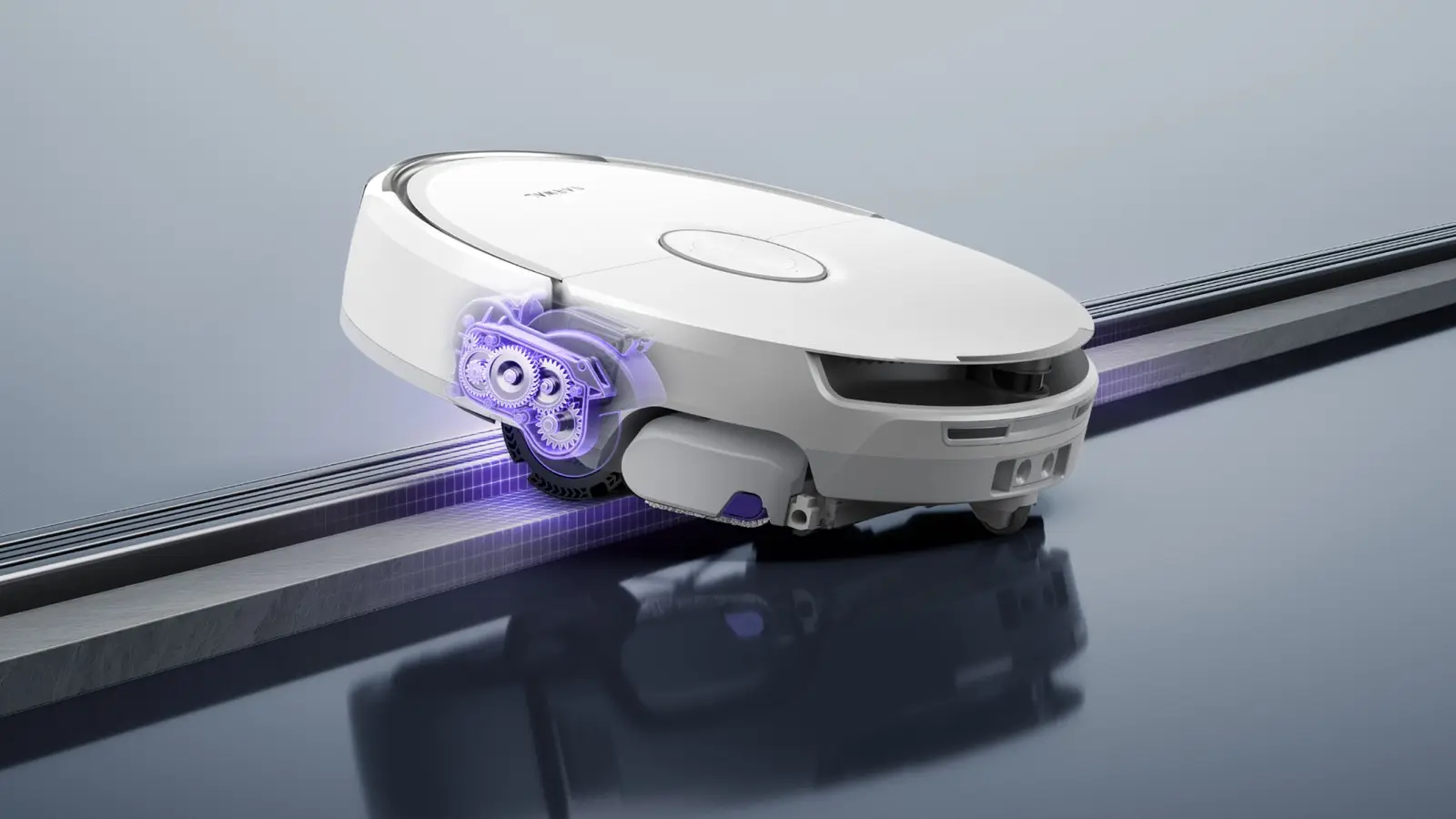White Narwal Flow 2 robot vacuum climbing a threshold, with a purple-lit cutaway of its drive wheel gears.
