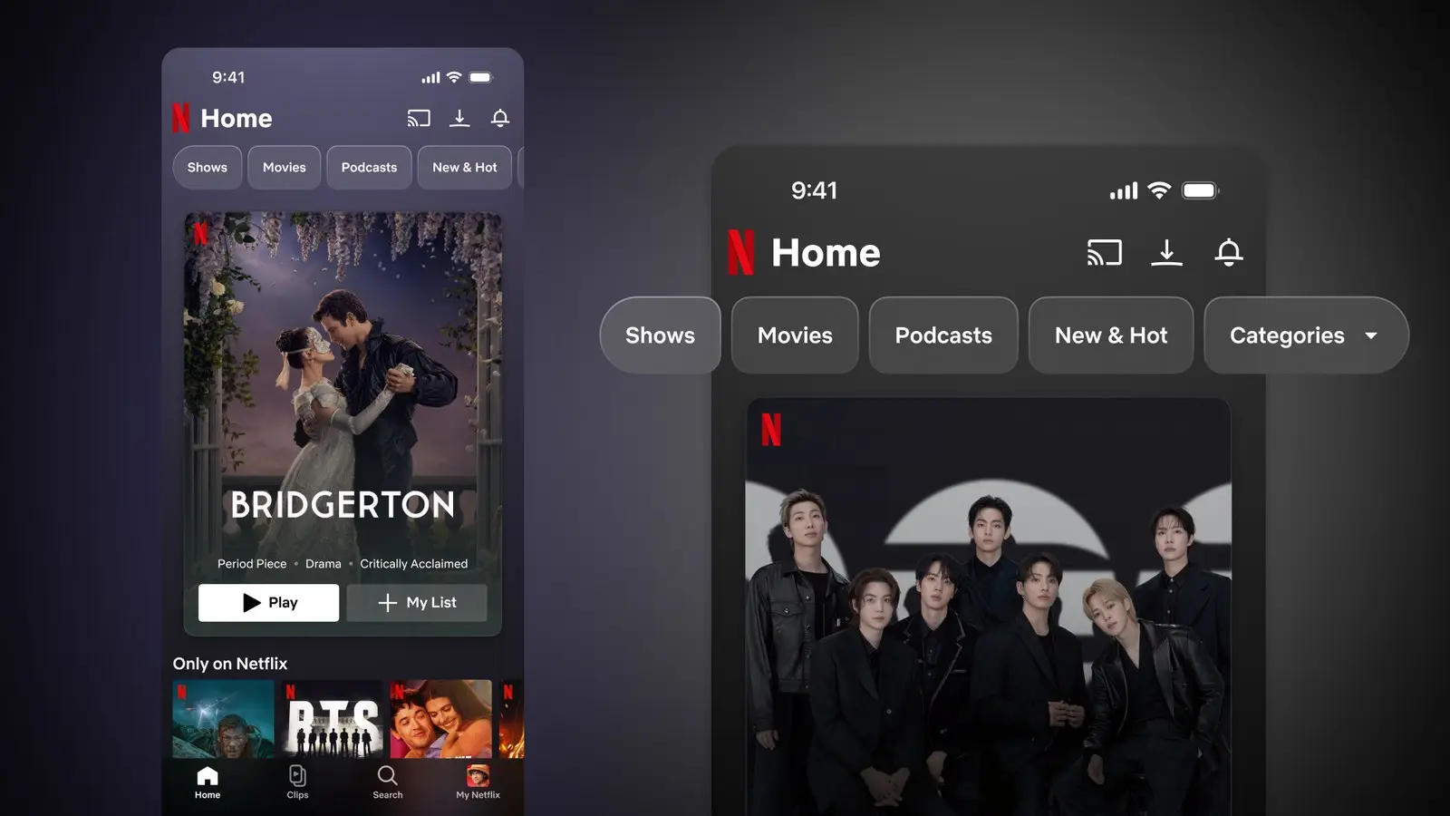 Netflix's home screen on two phones, with Shows, Movies and Podcasts tabs above a Bridgerton banner and a BTS banner.