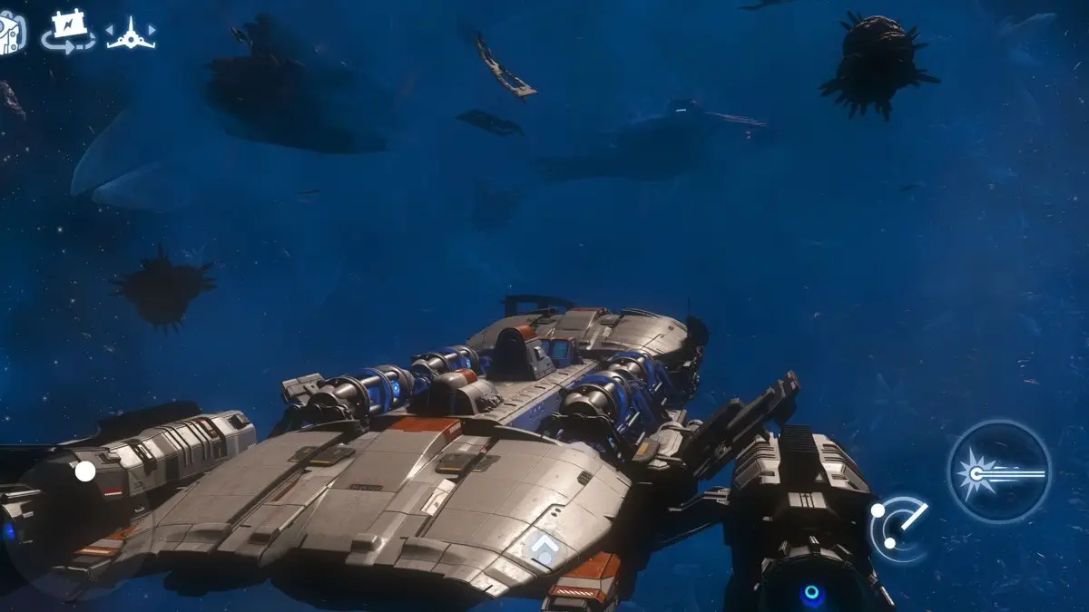 A No Man's Sky screenshot from Hello Games showing a starship in space with the game's on-screen touch controls for iPhone.