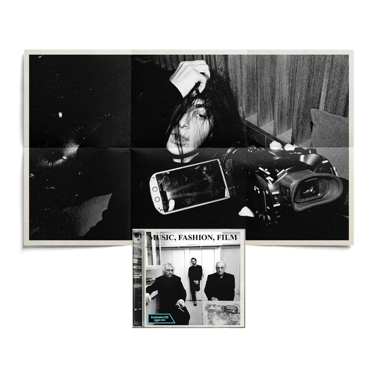 The Amazon Exclusive CD of Charli XCX's Music, Fashion, Film in its jewel case, with a black-and-white folded poster behind it, as shown on its Amazon listing.