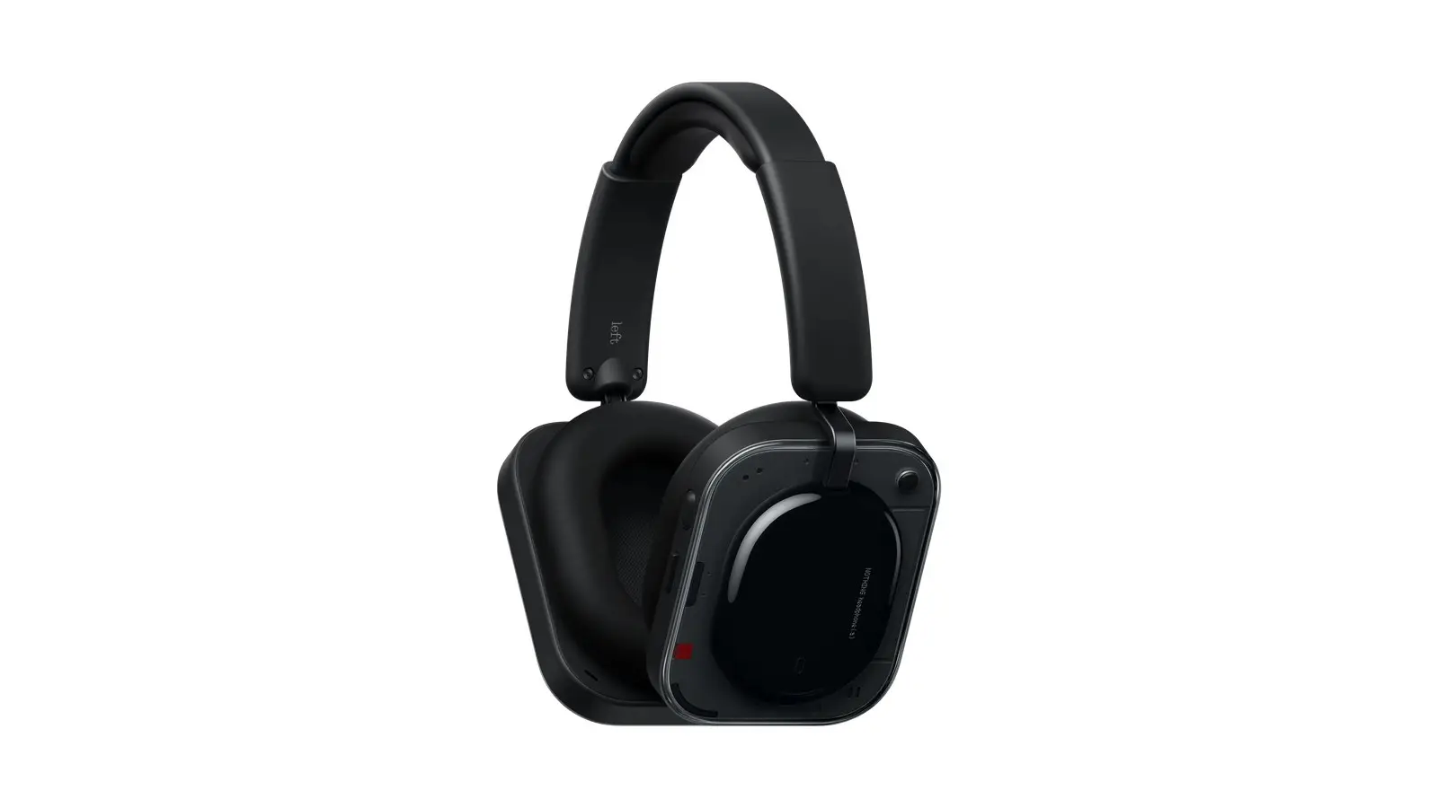 A black Nothing Headphone A over-ear headphone seen from a three-quarter angle on a white background.