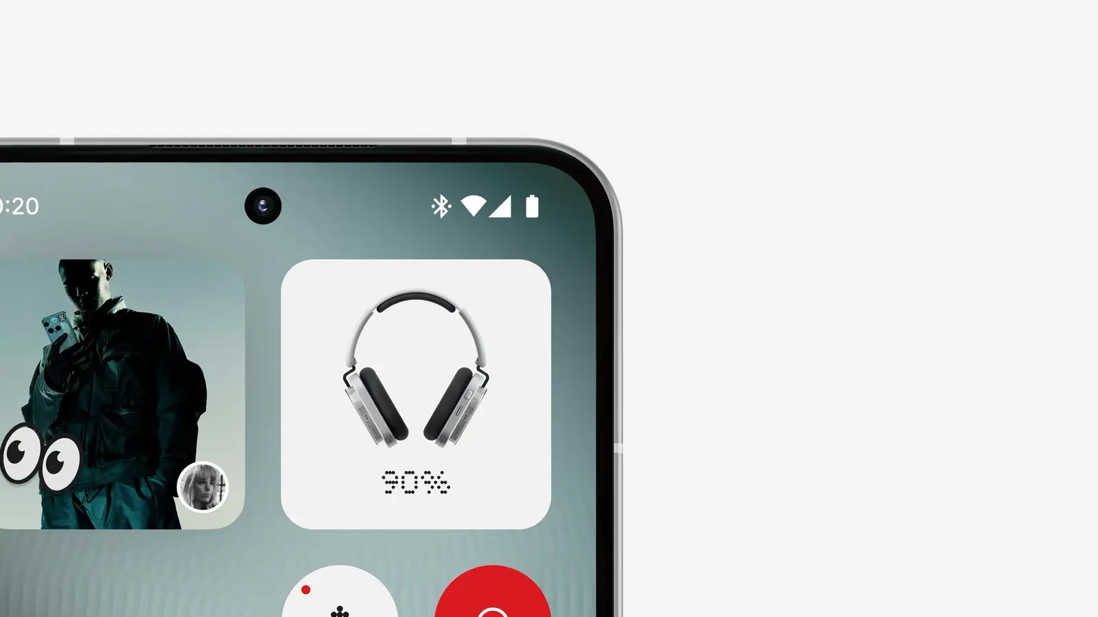 Nothing Phone (3) front corner showing the Nothing OS home screen with a photo widget and a headphones battery widget.