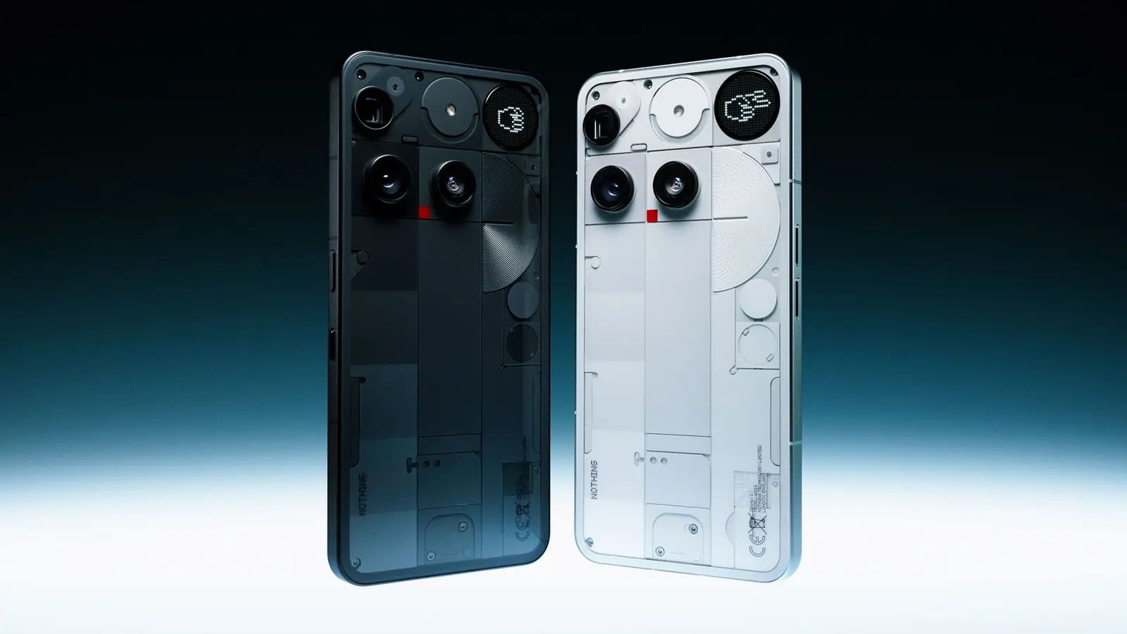 Nothing Phone (3) in black and white, seen from the back, both phones shown whole against a dark-to-light gradient.