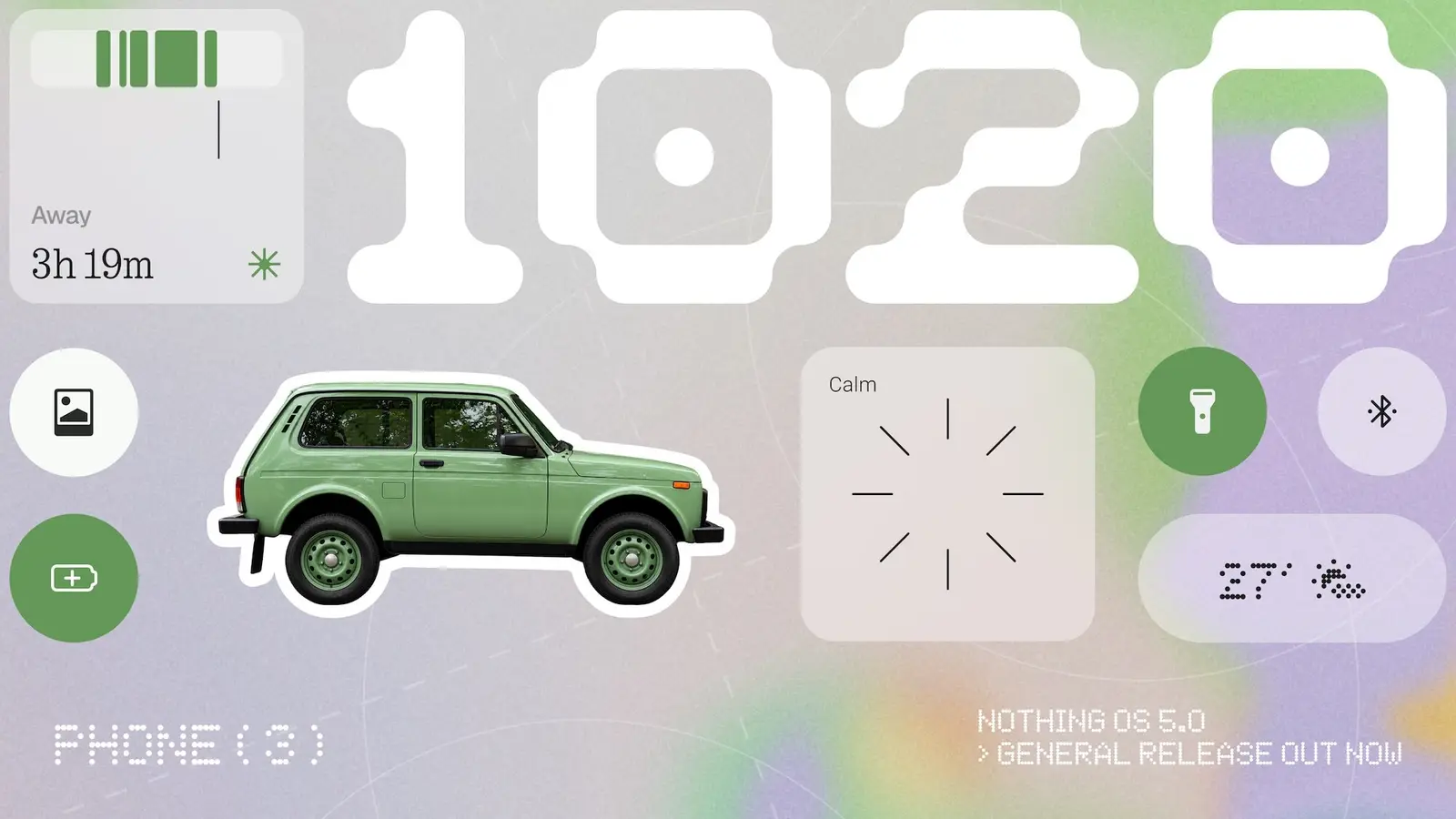 Nothing's Phone (3) general release graphic for Nothing OS 5.0, with a pixel-style clock, Away Time and Calm widgets and quick-setting toggles.