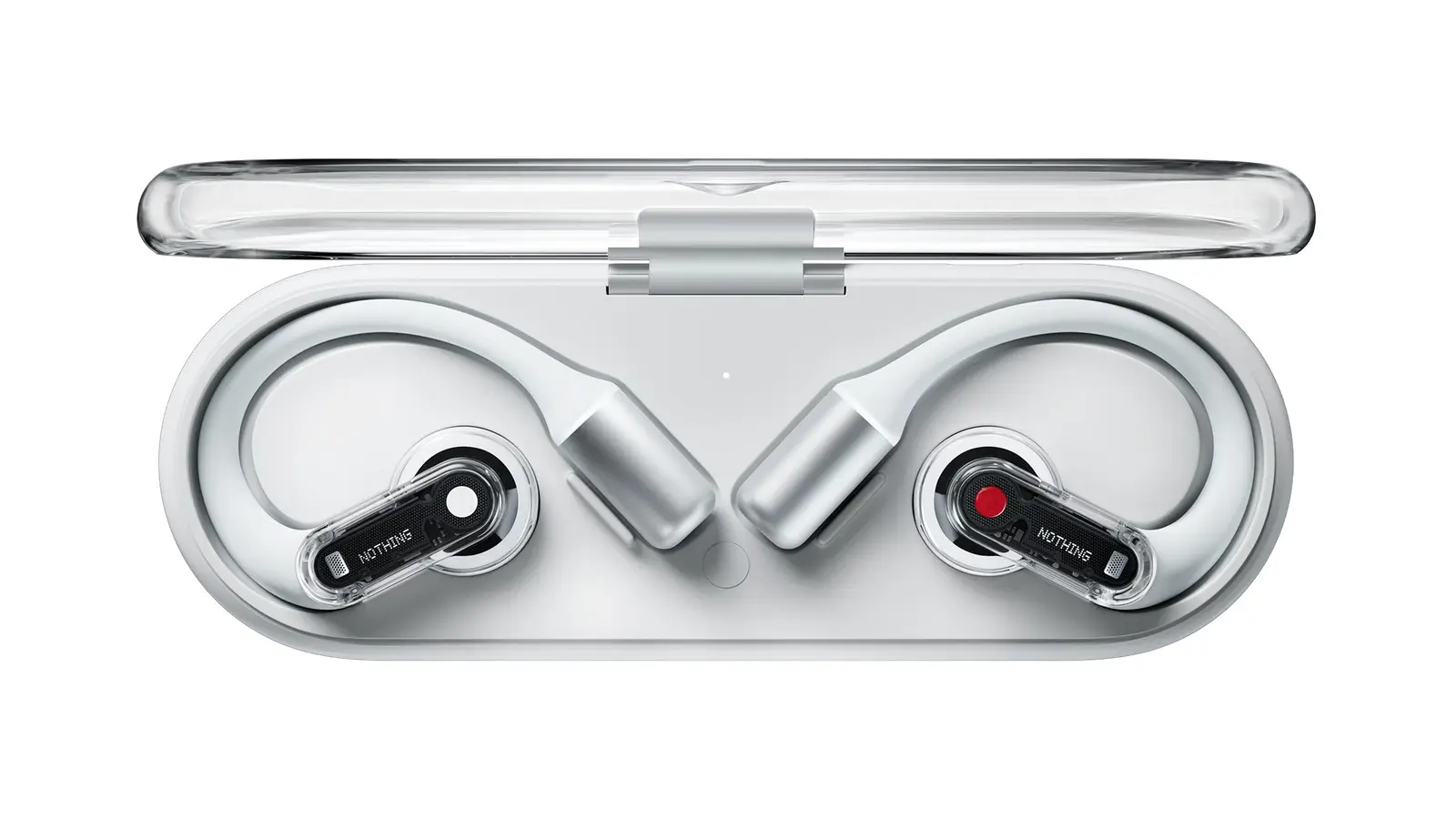 Nothing's Ear (open) earbuds, silver ear hooks with transparent pods, resting in their clear-lidded charging case on a white background.