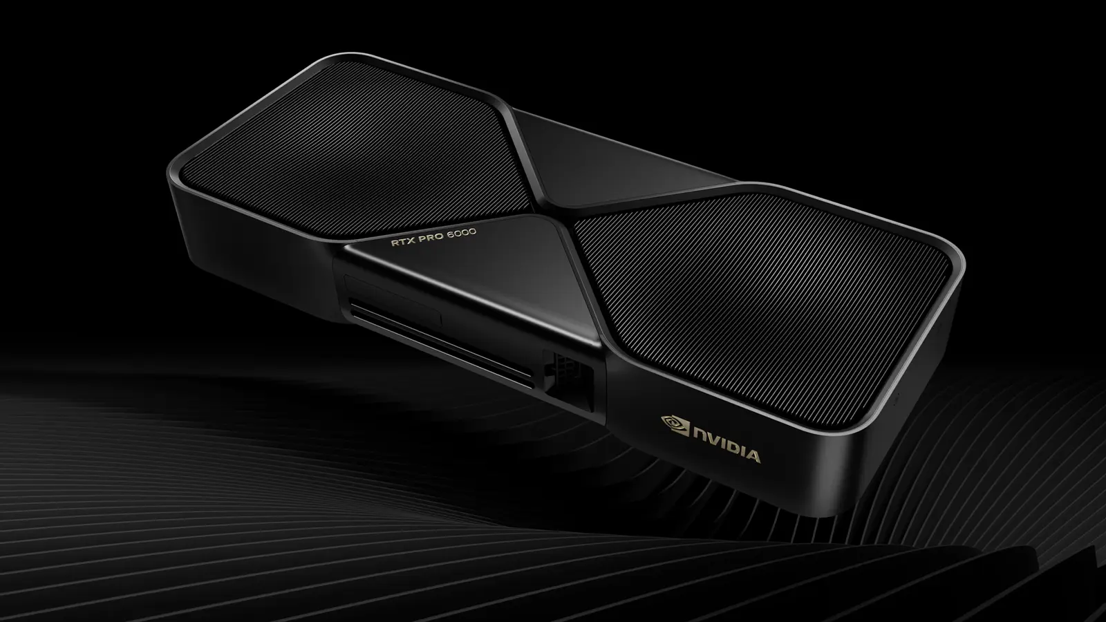 Nvidia product render of the RTX Pro 6000 card, black with a silver edge and the Nvidia logo, floating over dark ribbed lines.