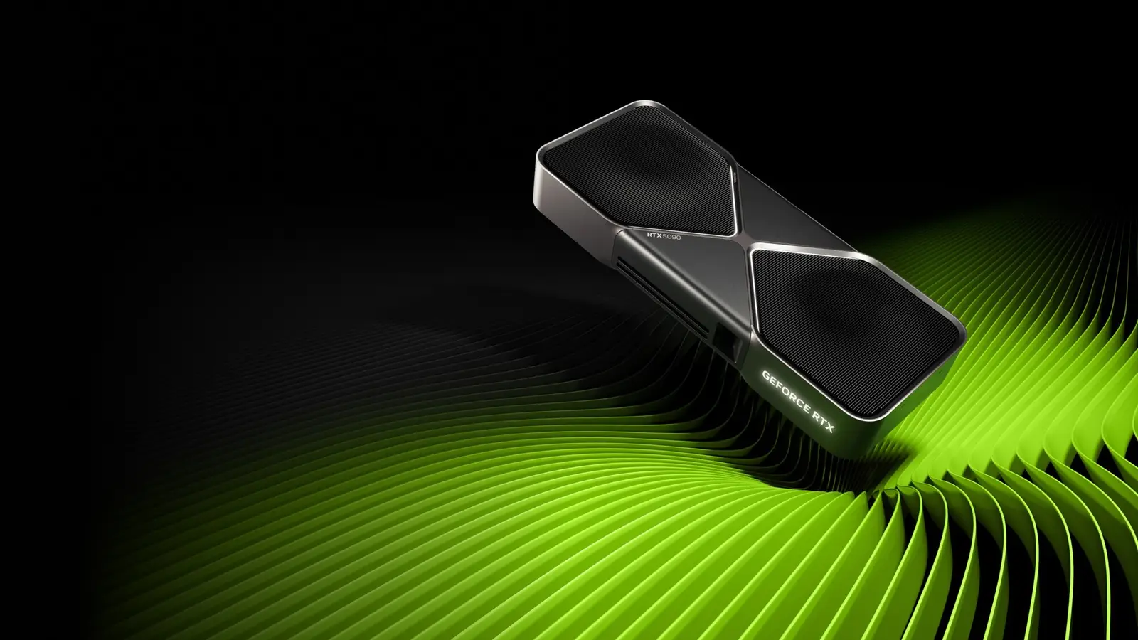 Nvidia product render of the GeForce RTX 5090 Founders Edition card angled over green ribbed lines on black.