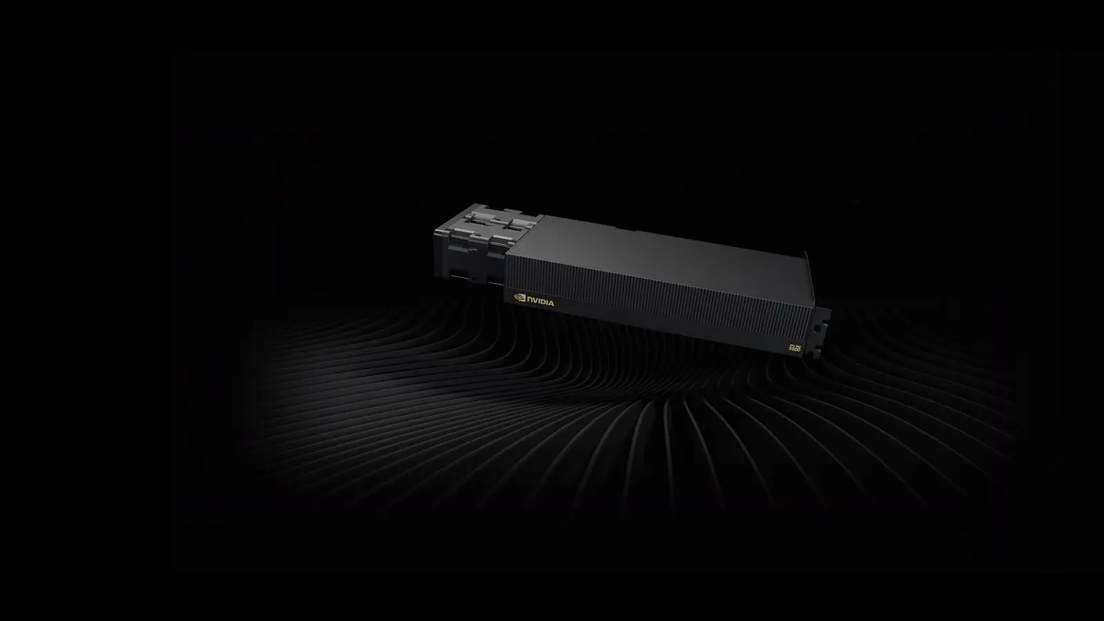 Black Nvidia RTX PRO 5500 workstation card, angled over dark ribbed lines, with the Nvidia logo on its side.