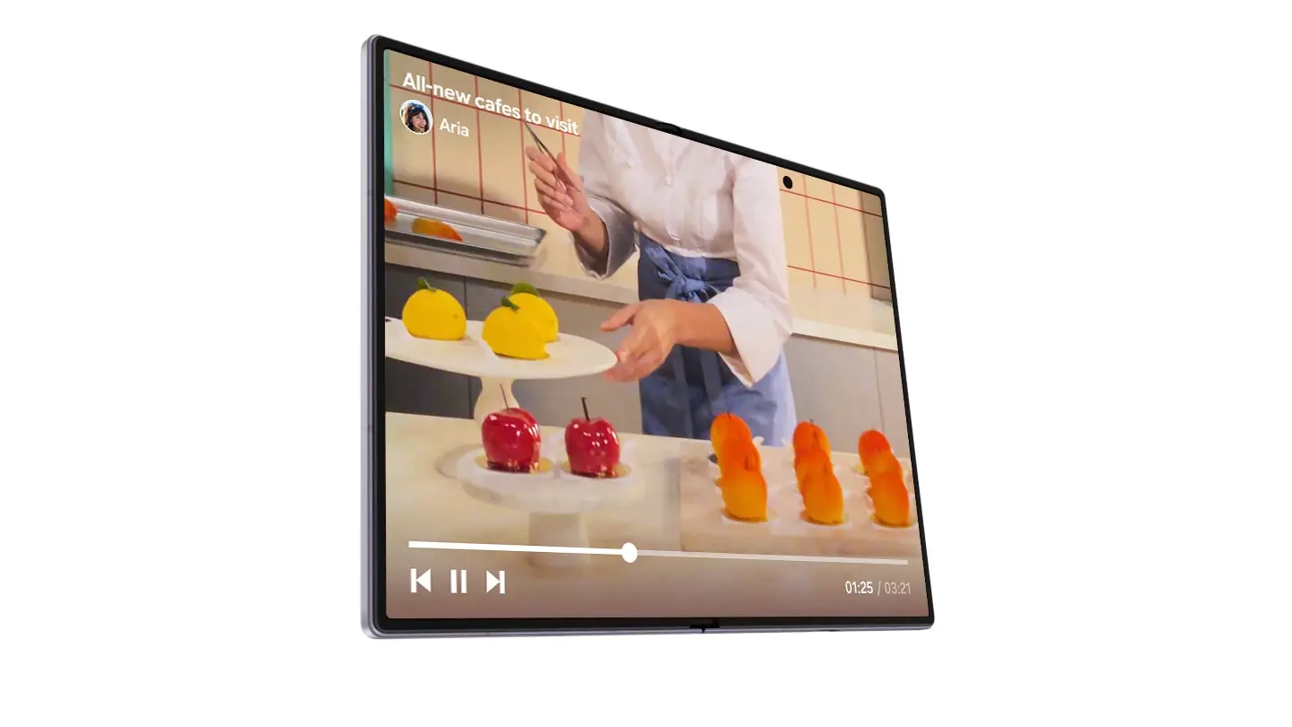 A Samsung Galaxy foldable shown at an angle playing a video, from Samsung's One UI 9 page.