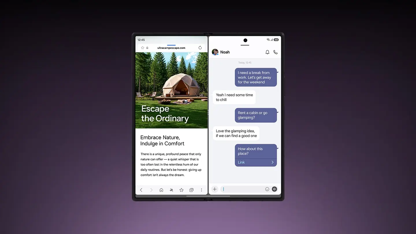 Samsung promotional image of a foldable Galaxy phone running One UI 9 with a web page and a chat open side by side.