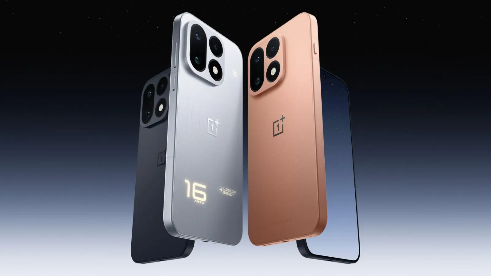 OnePlus 16 in black, silver and orange finishes, shown from the back and front against a dark starry background