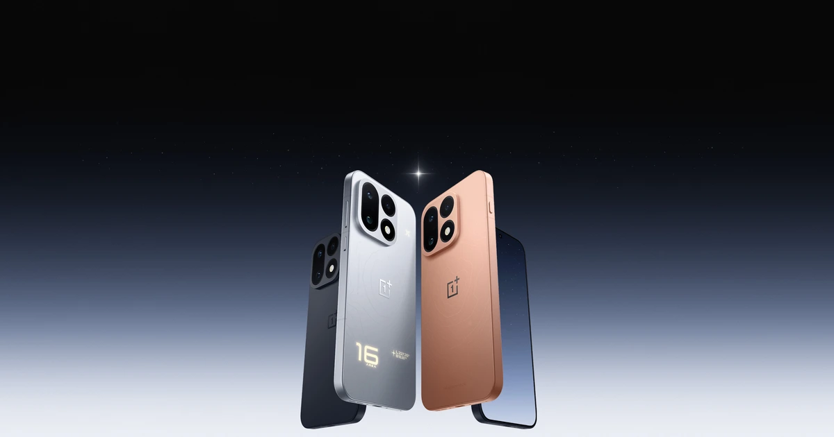 OnePlus 16 in black, silver and orange finishes, shown from the back and side against a dark gradient background