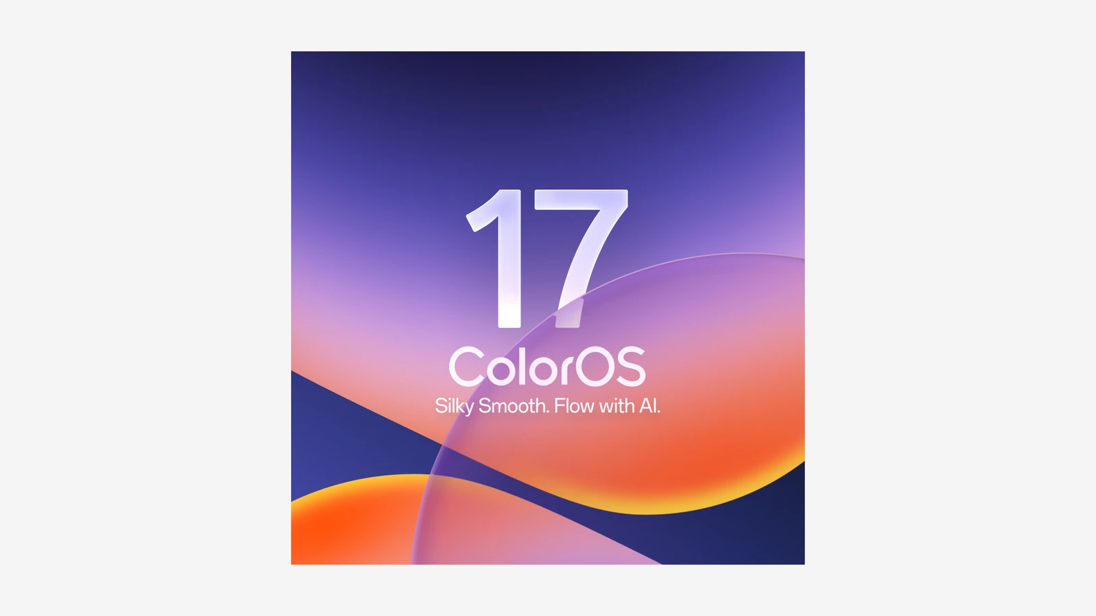 OnePlus's ColorOS 17 graphic: a large 17 above the ColorOS wordmark and the line Silky Smooth. Flow with AI., on a purple, orange and yellow background.