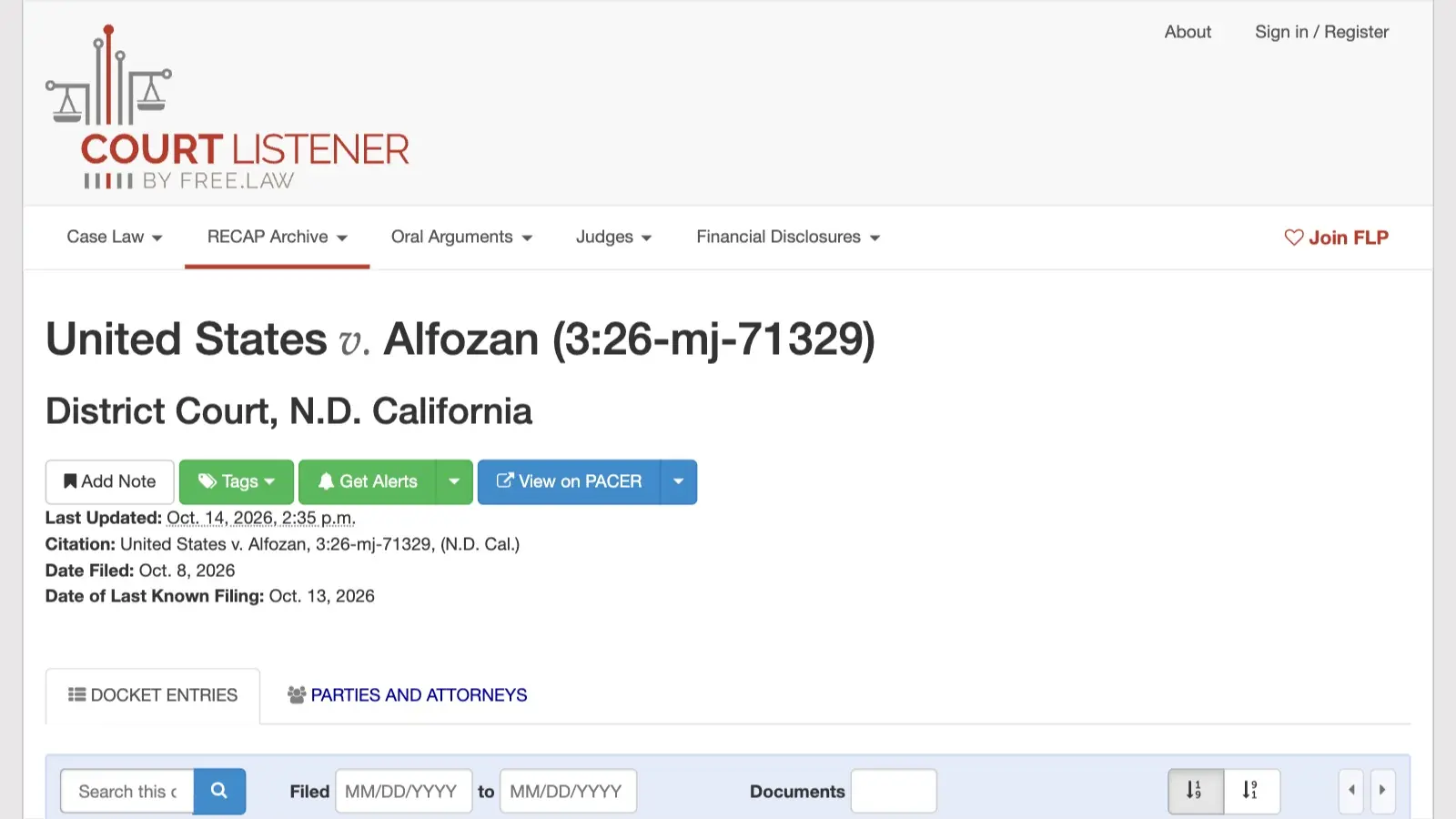 CourtListener docket header for United States v. Alfozan, 3:26-mj-71329, N.D. California: filed Oct. 8, 2026, last updated Oct. 14, last known filing Oct. 13.