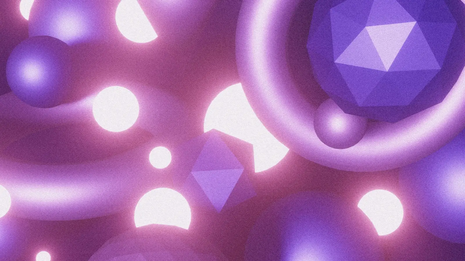 Abstract purple and pink 3D graphic: glowing white discs, smooth spheres, ring shapes and faceted polyhedra floating on a grainy magenta background.
