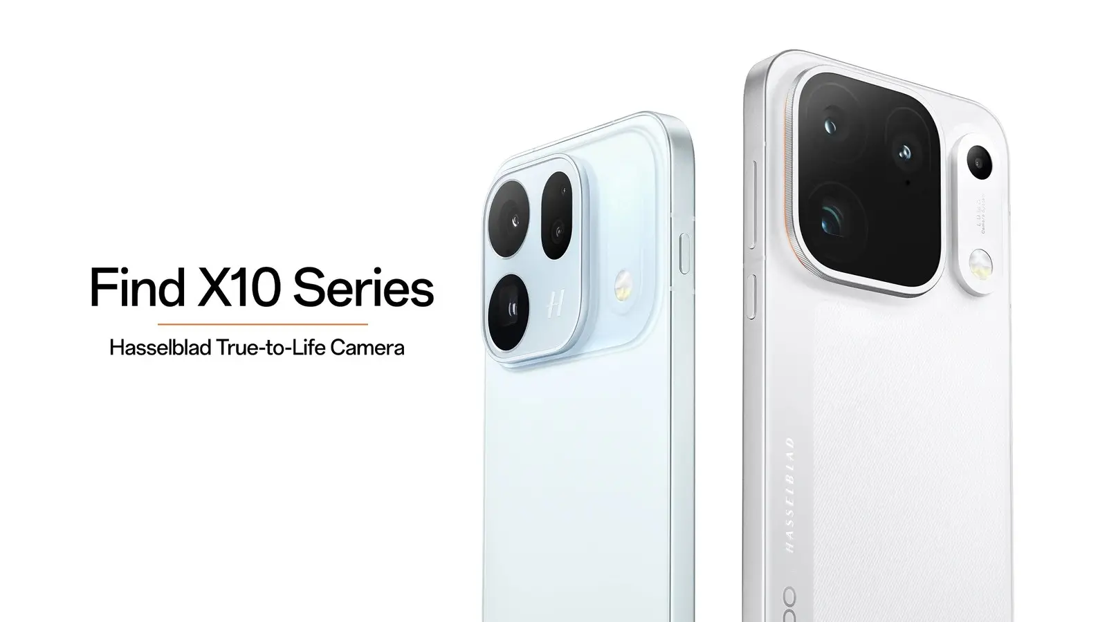 Two Oppo Find X10 series phones, one pale blue and one white, seen from the back with their large Hasselblad camera modules, beside the text Find X10 Series.