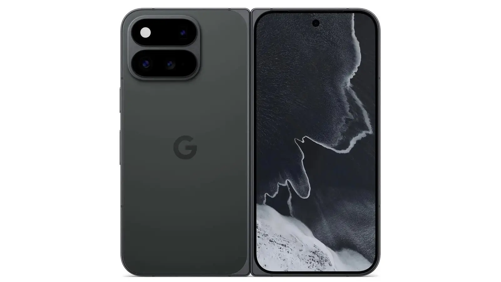 A black Pixel 11 Pro Fold in Obsidian shown from the back beside its unfolded inner display.