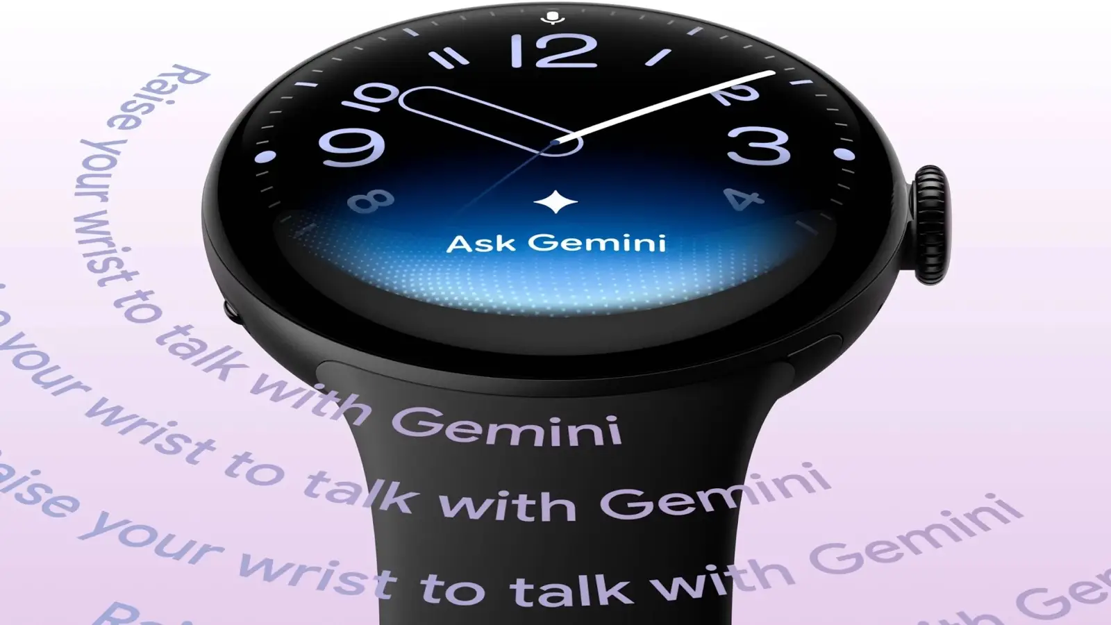 A black Google Pixel Watch 5 seen close up, its face reading Ask Gemini, with the words Raise your wrist to talk with Gemini curving around it on a pale purple background.