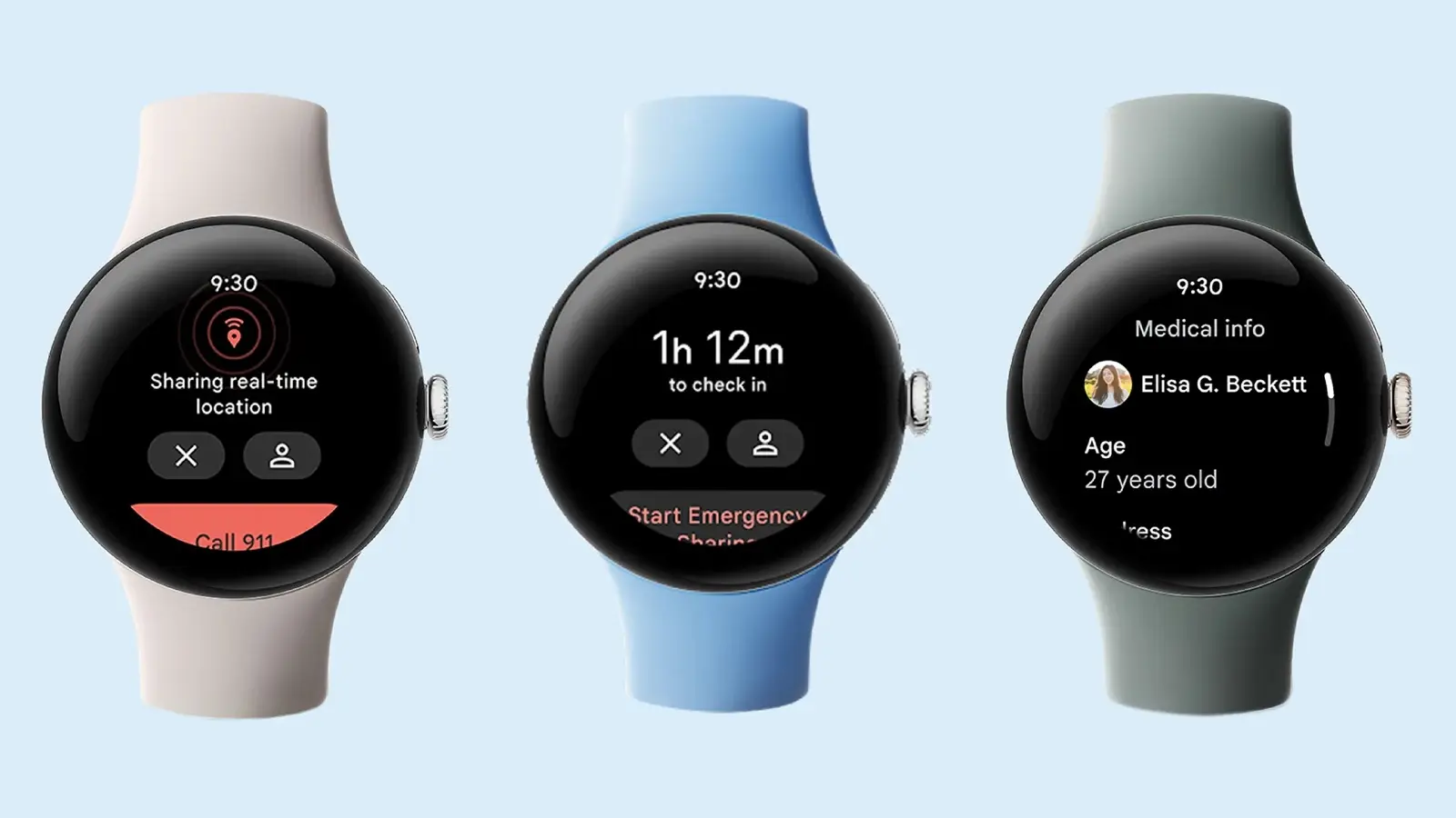 Three Pixel Watch 2 faces showing location sharing, a Safety Check countdown and medical info.