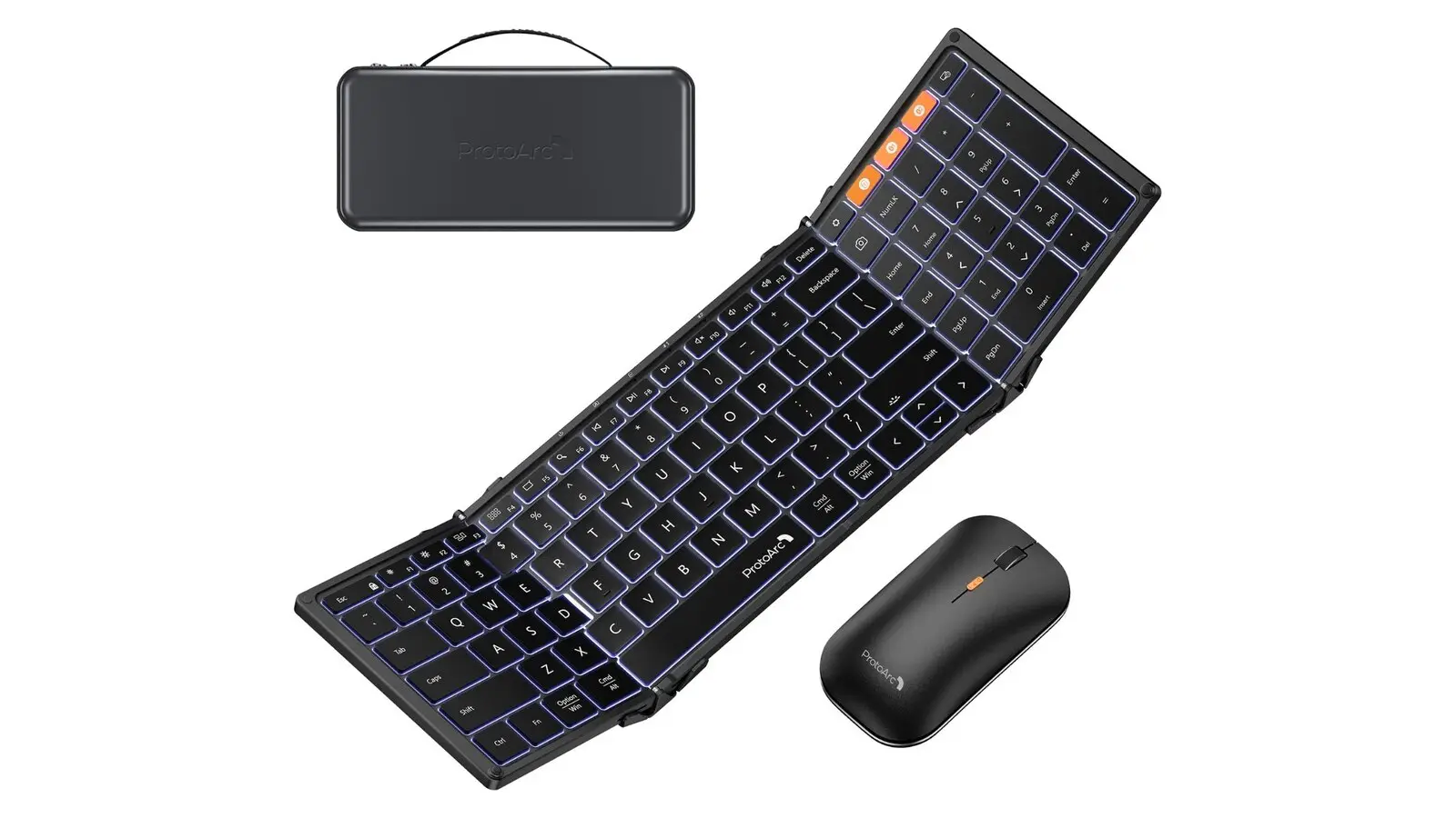 A black ProtoArc XKM01 Pro foldable backlit keyboard unfolded at an angle, with a slim black wireless mouse beside it and a black hard carrying case above, on a white background.