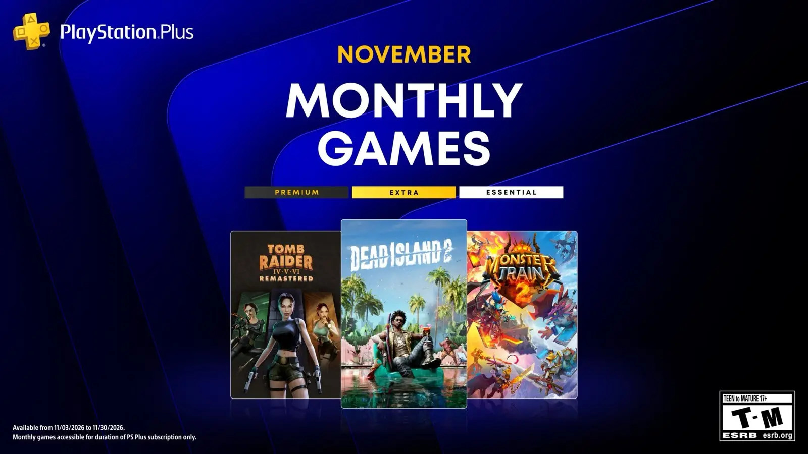 PlayStation Plus November Monthly Games key art with the Tomb Raider IV-V-VI Remastered, Dead Island 2 and Monster Train 2 covers.