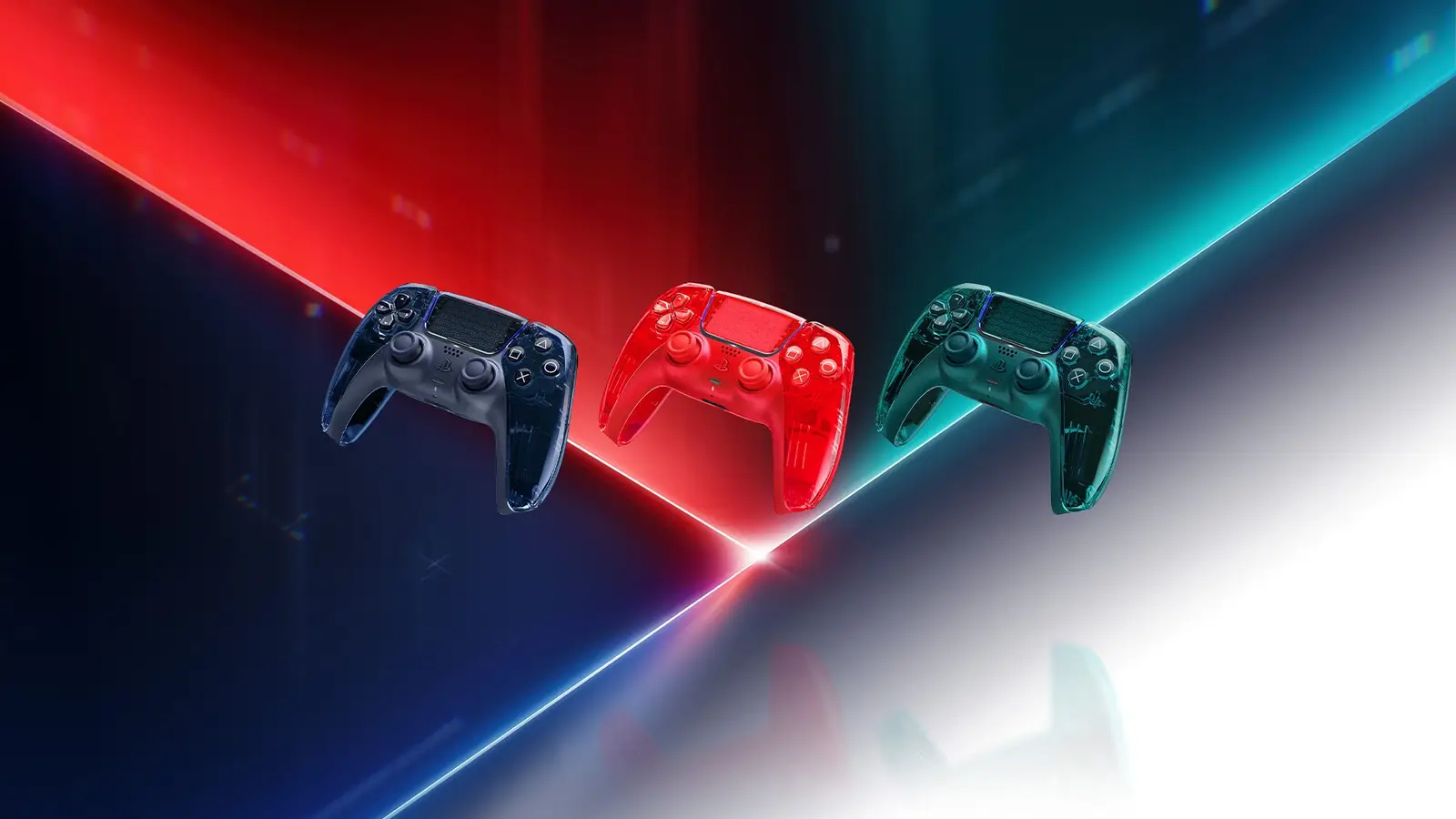 Three transparent DualSense controllers, dark blue-gray, red and green, floating over a background of red, blue and teal light streaks.