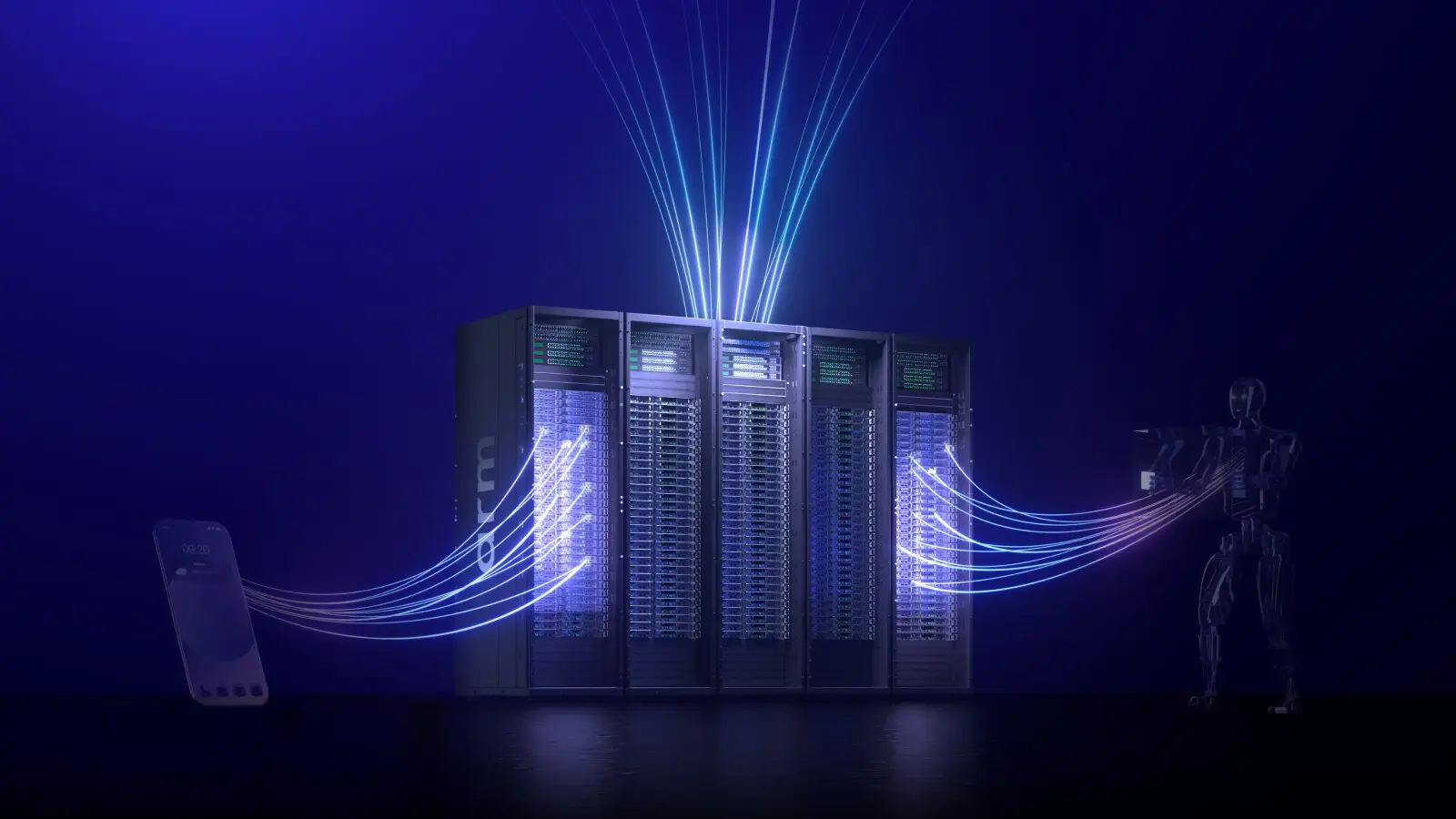 Arm-branded server racks linked by streaks of blue light to a phone and a humanoid robot.
