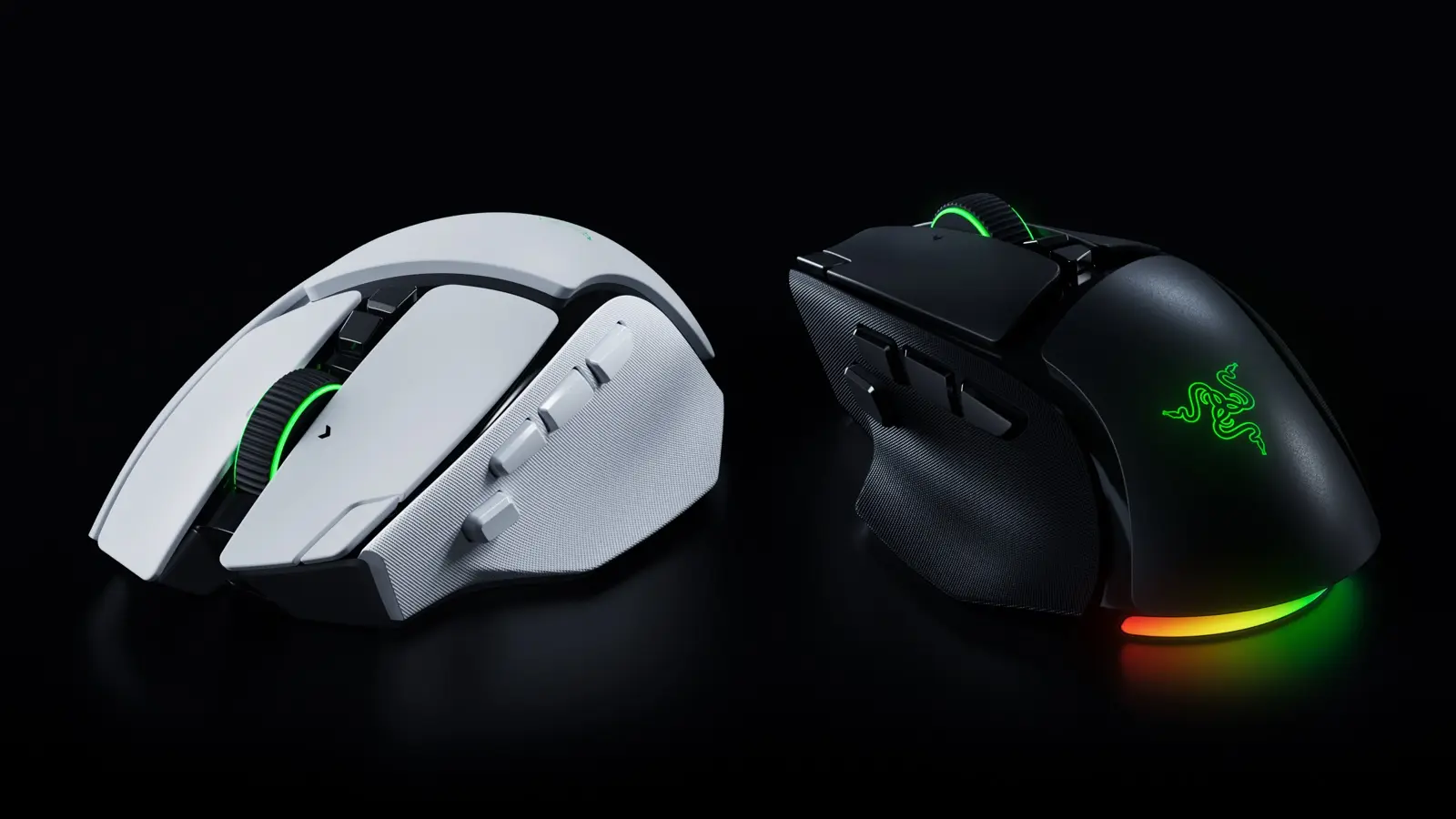 Two Razer Basilisk V4 Pro mice, one white and one black, with green Razer Chroma lighting.