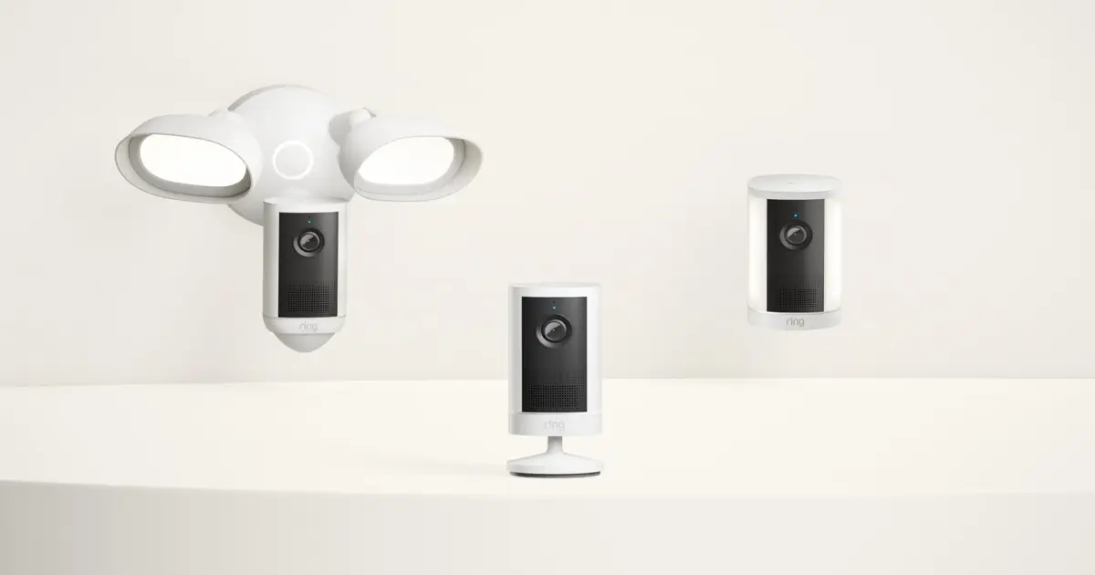 Ring camera family lineup showing Floodlight Cam, Spotlight Cam, Outdoor Cam, Indoor Cam, and Pan-Tilt Indoor Cam.