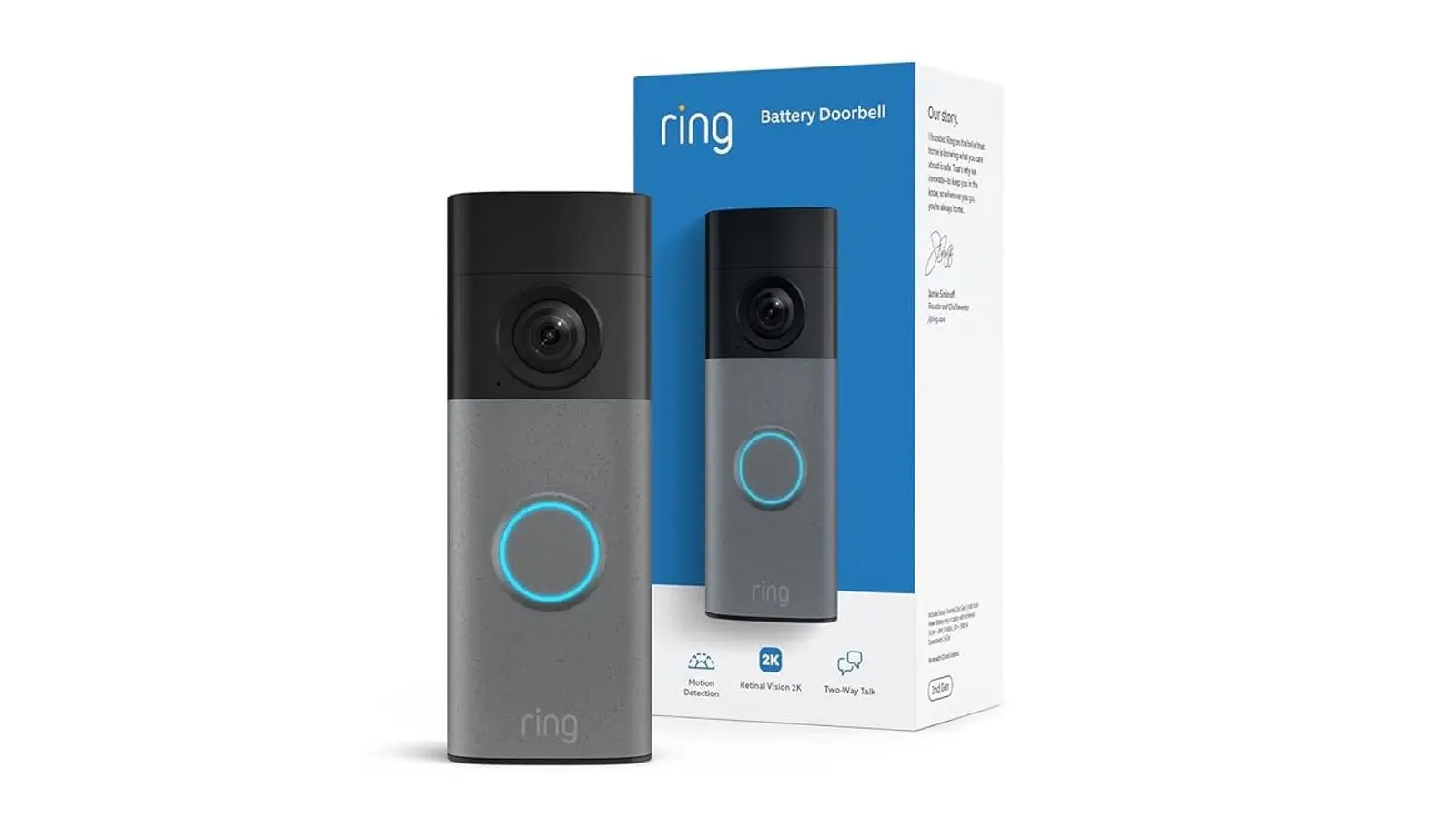 A gray-and-black Ring Battery Doorbell with a glowing blue ring around its button, beside its blue and white retail box.
