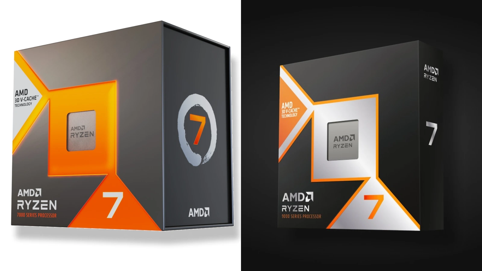 Two AMD Ryzen retail boxes side by side: the Ryzen 7 7000 series X3D box on a white background on the left and the Ryzen 7 9000 series X3D box on a dark background on the right.
