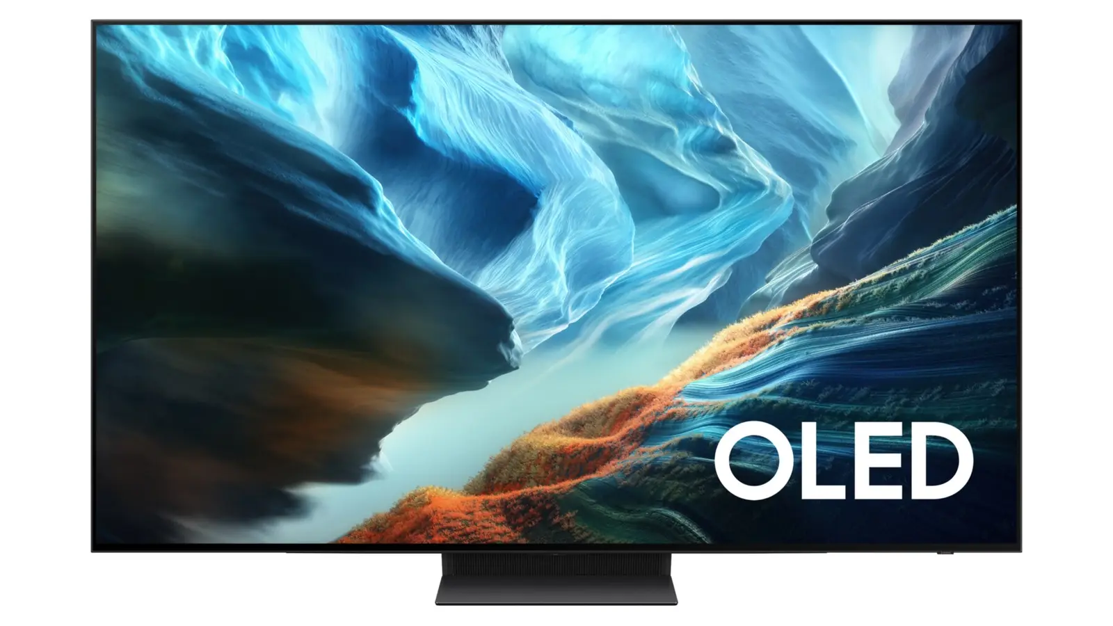 Samsung's 65-inch S90H OLED TV seen straight on with its pedestal stand, showing a blue, teal and orange canyon scene and an OLED logo.
