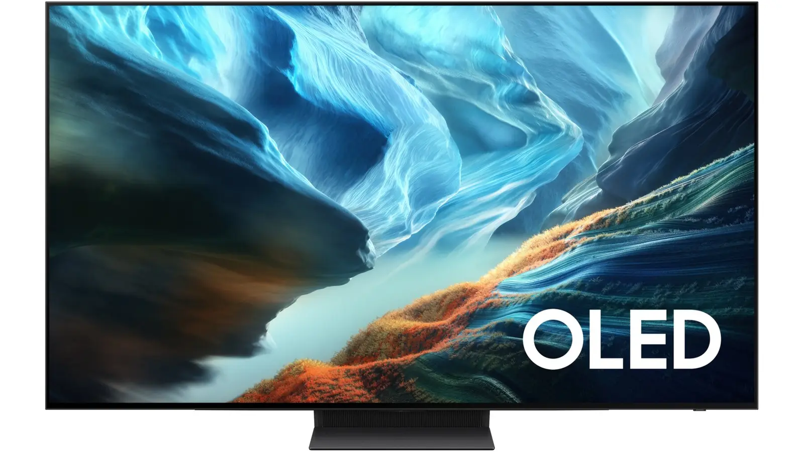 Samsung's 77-inch S90H OLED TV seen straight on with its pedestal stand, showing a blue, teal and orange canyon scene and an OLED logo.