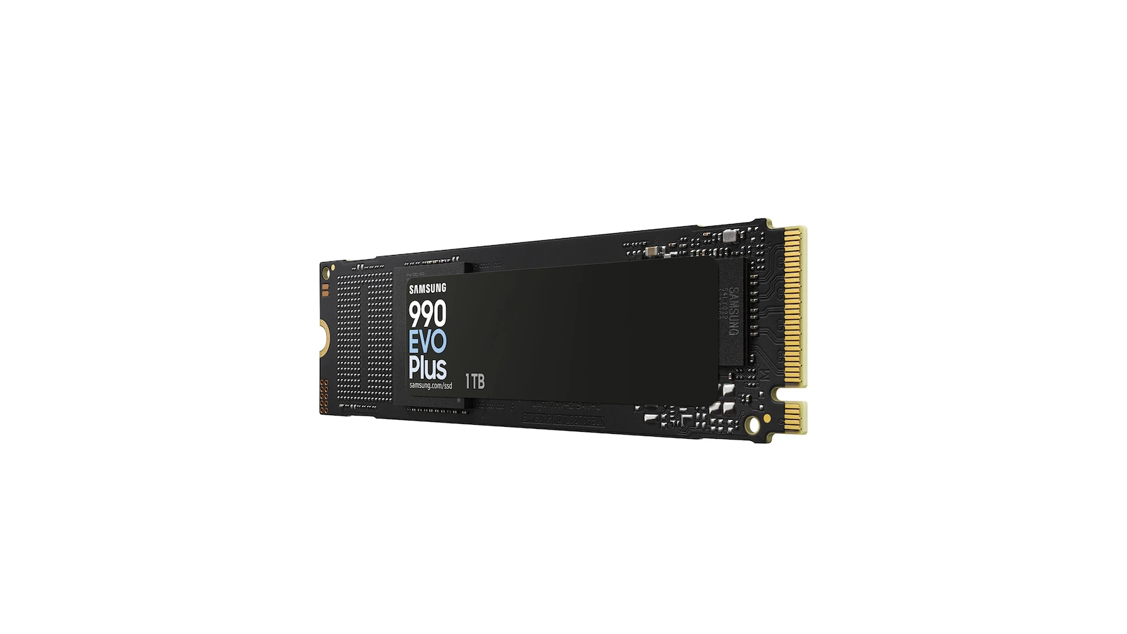 A black Samsung 990 EVO Plus 1TB M.2 SSD seen at an angle on a white background, its label showing the model name.