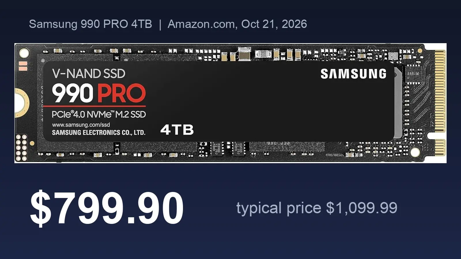 A top-down view of a black Samsung 990 PRO 4TB M.2 SSD, its label reading 990 PRO, PCIe 4.0 NVMe M.2 SSD and 4TB, above the price $799.90 and a typical price of $1,099.99.