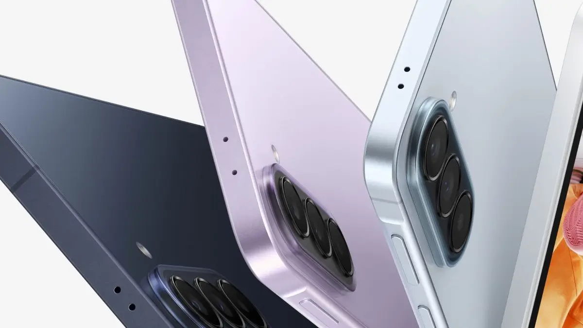 Close-up of the backs of three Samsung Galaxy A-series phones in navy, lavender and light blue, from a Samsung press image.
