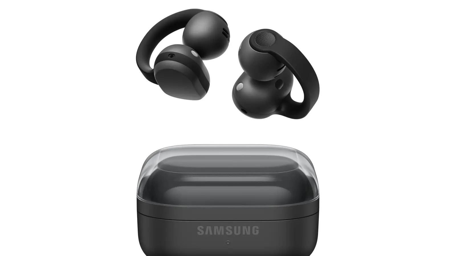A pair of black clip-on Samsung Galaxy Buds On earbuds floating above their black charging case on a white background.