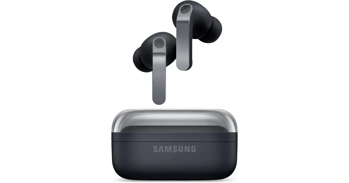 Samsung Galaxy Buds4 Pro earbuds with metal stems floating above their charging case, on a white background.