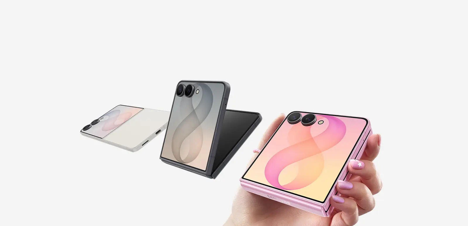 Three Galaxy Z Flip8 devices: one unfolded, one partially unfolded showing cover screen, one folded in hand.
