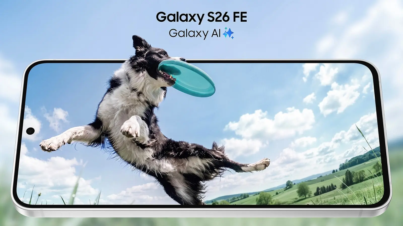 Samsung marketing image of the Galaxy S26 FE lying flat, its screen showing a dog leaping for a frisbee, under the words Galaxy S26 FE and Galaxy AI.