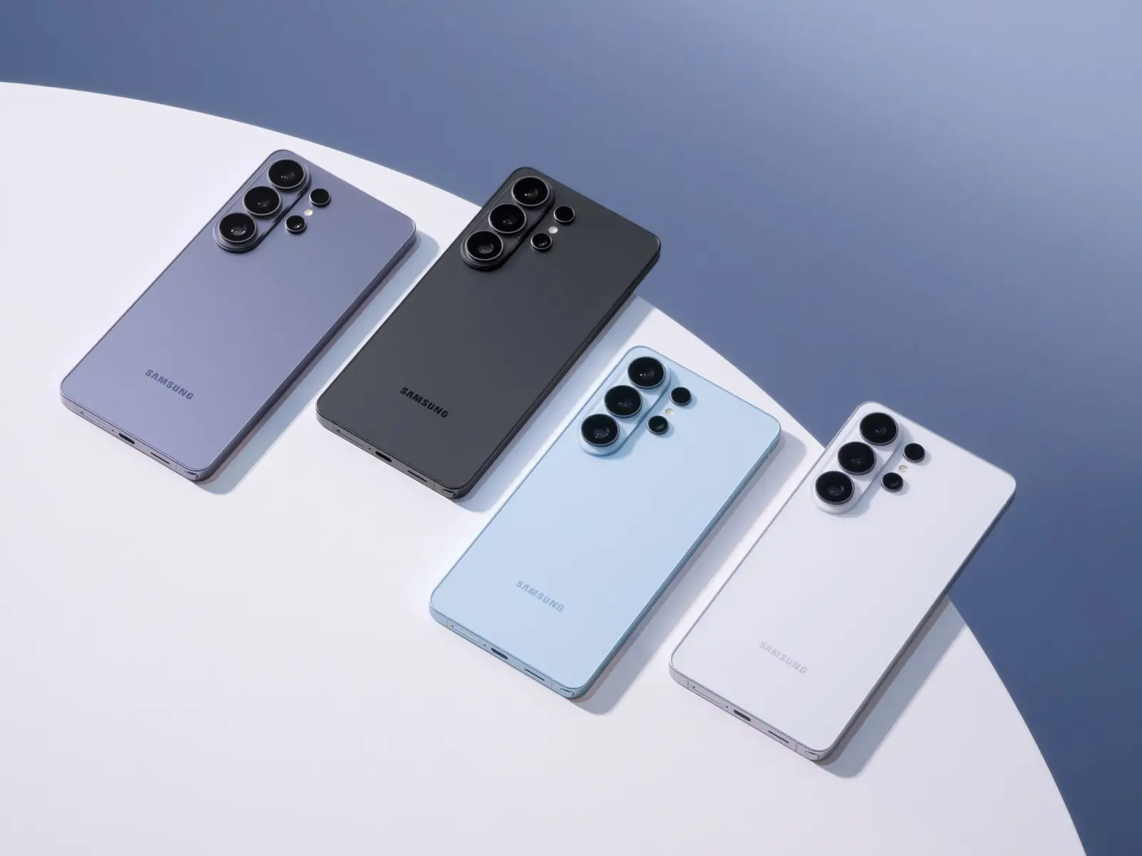 Samsung press image of the Galaxy S26 Ultra family in four colours, seen from the back. It is the current model, not the leaked Galaxy S27.