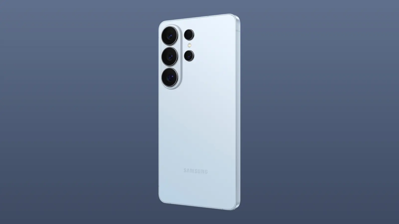 Samsung product image of a light blue Galaxy S26 Ultra seen from the back at a three-quarter angle, with its camera array visible, on a dark blue-grey background. It is the current model, not the Galaxy S27 Ultra.