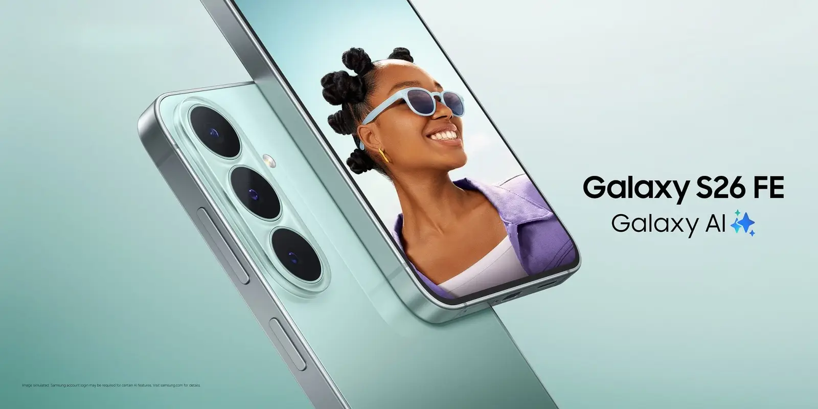 A Samsung Galaxy S26 FE seen from the back at an angle, with the volume and side buttons visible on its right edge.